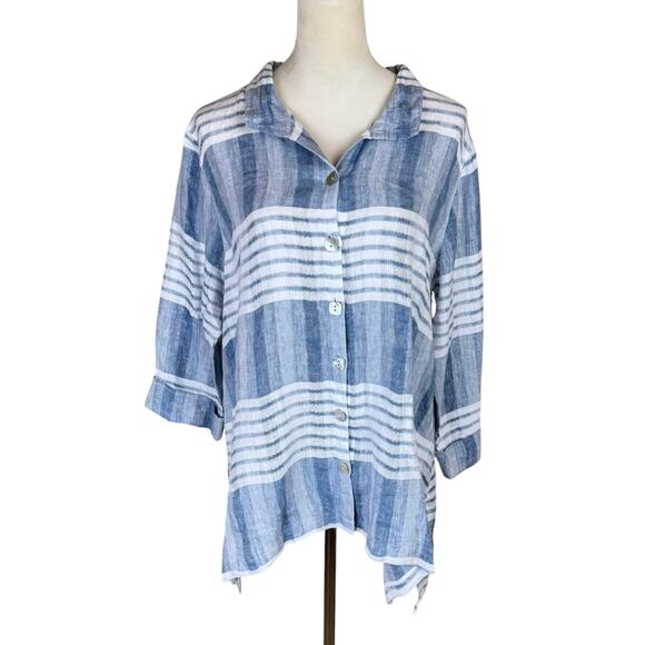John Mark Blue & White Plaid 100% Linen 3/4 Sleeve Button Up Tunic Blouse - Picture 1 of 12